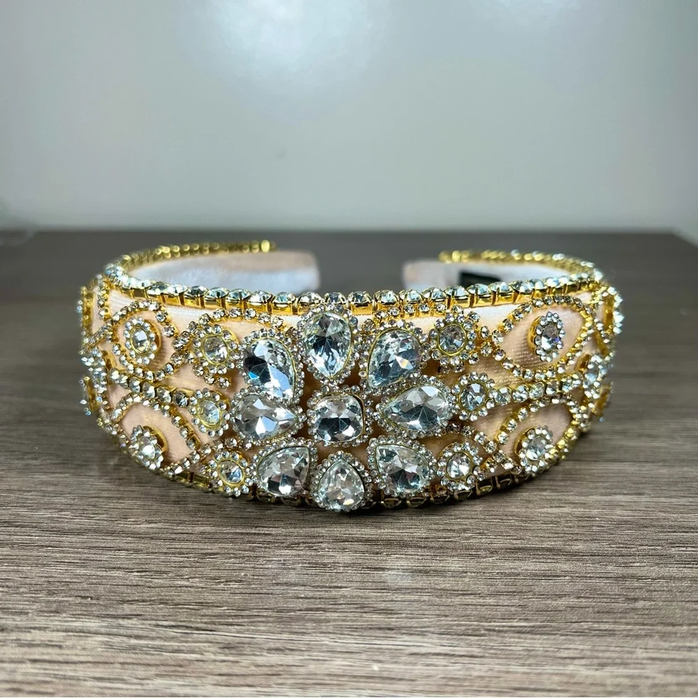 Champagne Gold Crystal Rhinestone Embellished Vintage Inspired Velvet Headband